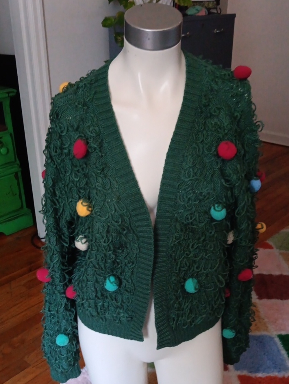 Mighty Fine Dark Green Loop-Knit Pom-Pom Holiday Cardigan